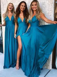 Elegant Sexy Blue Long Bridesmaid Dresses with Side Slit V Neck Chiffon Formal Maid of Honor Dresses Backless Wedding Party Dress