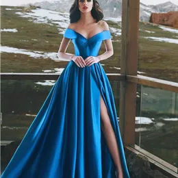 Fashion Side Split Prom Dresses Sexy Off Shoulder Sleeveless Zipper Back Satin Party Dresses 2018 Elegant Evening Gown Dubai Cheap Prom Dres