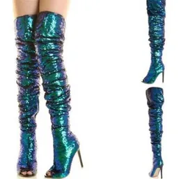 Peacock Green Sequin Over Knee Thigh Sequin Boots Glittery Stiletto High Heels For Evening Wear From Heeledshoes 123 DHgate.Com