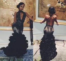 2020 Cheap Sexy Black Halter Keyhole Floral Mermaid Prom Dresses Sexy Backless Prom 2K17 Tulle Appliques 3D Flowers Party Evening Dresses