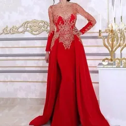 С длинным рукавом Русалка вечерние платья со съемной юбкой кружева бисером блесток Красный арабский кафтан формальные женщины вечернее платье