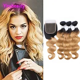 Malaysian Human Hair Wholesale 3 Bundles With 4X4 Lace Closure Body Wave Hair Extensions With 4 By 4 Closure 1B/27 Color 10-28inch