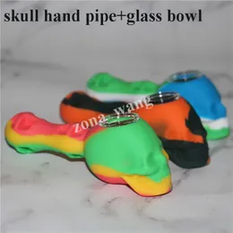 Creative Silicone Tobacco Smoking Cigarette Pipe Water Hookah Bong 10 Colors Portable skull Hand Spoon Pipes Tools With glass Bowls