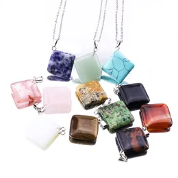 Natural Stone Square Gemstone Pendant Necklace Crystal Healing Chakra Reiki Stone Necklace For women