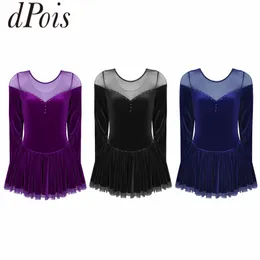 DPOIS New Women Long Sleeve Velvet Figure Skating Dress Adult Ballet Tutu Dress Gymnastics Leotard Practice Dance Costume198K