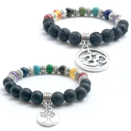 Seven Chakras Lava Rock Beaded Bracelets Fashion Natural Black Agate Stone Charm Jewelry Tree Of Life OM Pendant Punk Cuffs Bangles Bracelet