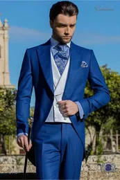 Morning Style One Button Blue Wedding Groom Tuxedos Peak Lapel Groomsmen Mens Dinner Blazer Suits (Jacket+Pants+Vest+Tie) NO:1523