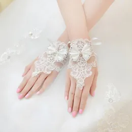 New 2018 Cheap Long Bridal Gloves Lace Appliques Beads Fingerless Wrist Length With Bow Bridal Gloves Wedding Accessories