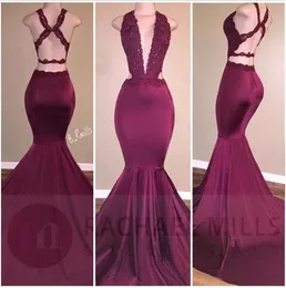 2018 Burgundy African Long Mermaid Prom Dresses Lace Applique Deep V Neck Backless Sexy PROM DRESSES Fast Shipping vestidos de fiesta