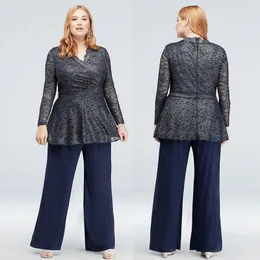 Mörk Navy Lace Mother of the Bride Pant Suits V Neck Formell Bröllop Gästklänning Med Långärmad Plus Size Mothers Groom Dresses