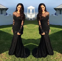 Black Prom Dresses Sexy Arabic Illusion Lace Appliques Crystal Beaded Mermaid Long Sleeves Vestidos De Fiesta Formal Evening Gowns HY380