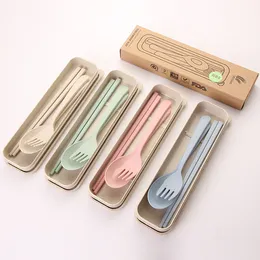 Set creative fashion home wheat straw gift cutlery set childrens portable spoon fork chopsticks threepiece gift customizable logo dhl