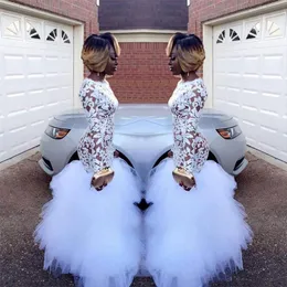 African White Mermaid Prom Dresses for Black Girls Lace Long Sleeves Ruffles Tulle Evening Party Dress Plus Size Prom Gowns Vestidos