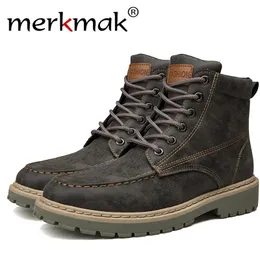 Merkmak جلد طبيعي الرجال الكاحل خمر الدانتيل يصل ارتفاع أعلى الأحذية أزياء الشتاء الخريف الدافئة مارتن الأحذية عارضة في الهواء الطلق