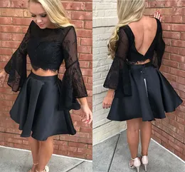 2022 Sexy Black Juliet Long Sleeves Homecoming Prom Dress Short Jewel Neck Sequin Beaded Two Pieces Satin Party graduation Cocktai213O