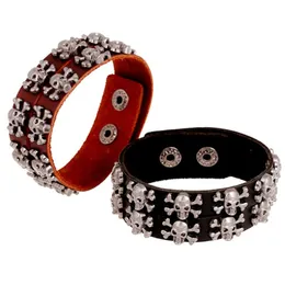 New Fashion Delicacy Alloy Skeleton Rivets Leather Bracelet Black & Brown Punk Leather Wristband with Snap Fastener Jewelry Gifts Wholesale