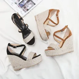 Luxury New Womens hemp rope Wedges Dress Buckle High Heels 13CM Platform Heel Sandlas Shoes Size 35-39