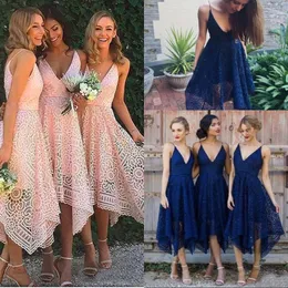 Brudtärna klänningar 2019 ny stil elegant te längd blush rosa spets oregelbunden hem v nacke maid of Honor country bröllop gästklänningar