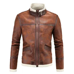 Męska Jesień Zima Casual Długim Rękawem Zagęścić Stoisko Lambswaol Leather Coat Top Windbreak 2018 Nowy