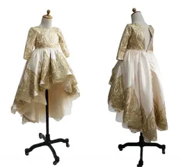 Högt Lågt guld Applique Girls Pageant Klänningar 2019 Jewel Långärmad Vintage Special Occasion Dresses Kids First Communion Klänning Todderl