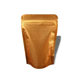 100 Pz / lotto 9 13 cm Oro Stand Up Doypack Foglio di alluminio ZipLock Sacchetti per alimenti con chiusura a caldo Calore Sear Open Top in rilievo con finestra richiudibile227S