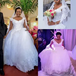 Nigeryjska nowa afrykańska suknia balowa sukienki plus size v szyja cekinowa koronkowa aplikacja Court Train Warstwowa tiulowa sukienka ślubna sukienki ślubne s