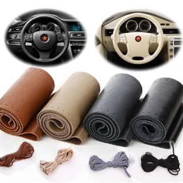 Whole retail Real Cowhide Leather Car Steering Wheel Cover With Needles Thread DIY black Hand Sewing Genuine leathers wrap FRE288o
