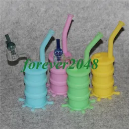 Portable glow in dark Hookah Bong Silicone Barrel Rigs Smoking Oil Concentrate Pipe with all clear double tube quartz nail banger colorful glass carp cap