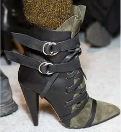 2018 New Army Green Women Point Toe Brand Desigh Boots Fall Winter Patchwork Cross Tied Buckled Spike Heels Booties Women Party Shoes