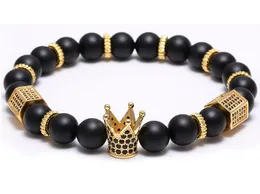 8mm Naturstein Armbänder Männer Micro Inlay Zirkon Black Gun Crown Matt Onyx Charm Armband Frauen