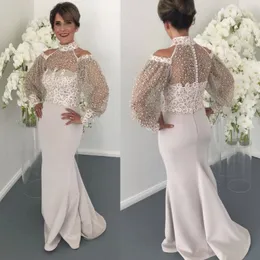 Elegante decote alto renda mãe da noiva vestidos de manga longa contas sereia vestido de convidado de casamento plus size vestidos de noite formais