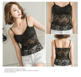 New design womens summer sexy spaghetti strap lace floral padded perspective tank tops vest camisole Black white 2 colors