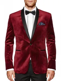 High Quality Dark Red Velvet Groom Tuxedos Groomsmen Shawl Lapel Best Man Blazer Mens Wedding Suits (Jacket+Pants+Tie) H:954