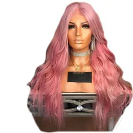 Middle Part Gluveless Long Pink Lace Front Wig Body Wave African American Wigs Heat Resisatnt Hår Syntetiska Paryker För Kvinnor