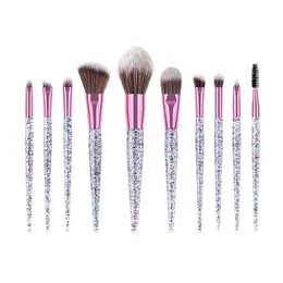 10Pcs/set Glitter Crystal Makeup Brushes Set Eye Shadow Concealer Eyelash Foundation Face Brush with Glitter Sequins Handle Makeup Brush Kit