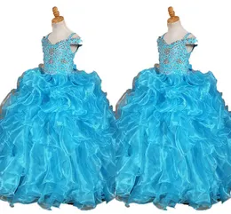 Ruffles pageant klänningar för små tjejer kalla axel beading kristall paljetter organza seppial tillfälle klänningar toddler blomma flicka klänning