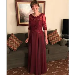 2019 Modest Sheer Half Sleeves Mother Dresses Formal A Line Appliques Sequins Chiffon Burgundy Mother of Bride Groom Dress M23