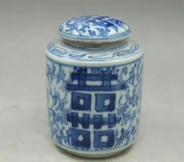 Chinês antigo Handmade pintura flores azul e branco porcelana Tea caddy pot