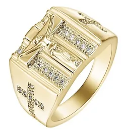 Stylish Mens Stainless Steel 18K Gold Plated Cross Ring Christian White Cubic Zirconia Jesus Ring, US size 8-12 AD0937