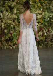 Vintage Silver Lace Wedding Dresses A Line Plunging V-neck Open Low Back Beaded Belt Sheer Long Sleeves Floor Length Cheap Bridal 291k