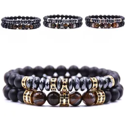 8mm Black Frosted Stone Bracelets Micro Inlaid Zircon Cylindrical Copper Jewelry Men's Bracelet 2PCS/Set