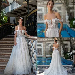 2019 Berta Wedding Dresses Off The Shoulder Lace Illusion Sweep Train A Line Sexy Beach Wedding Gowns Plus Size Bridal Dress