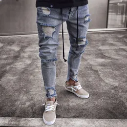 Moda Men's Ripped Buker Hole Zipper Jeans 2018 novo destruído Slim Fit Denim Long Pants