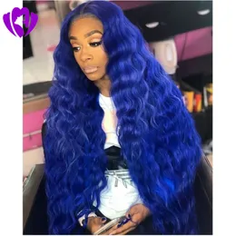 Parrucca anteriore in pizzo sintetico pieno a 180 densità Parrucche lunghe ondulate blu Parrucche colorate Pizzo naturale Frontale frontale per capelli per le donne