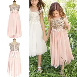 2015 Blush Flor Meninas Vestidos De Ouro Lantejoulas Feitas À Mão Flor Sash Tea Comprimento Tulle Jewel Uma Linha Crianças Vestido Formal Vestido De Dama De Honra Júnior