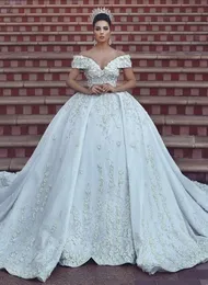 Dubai plus size vestidos árabes renda fora do ombro 3D Apliques de noiva Floral Applique Vestidos de noiva Vestido de Novia