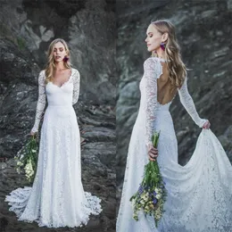 Abiti modesti da spiaggia a sirena con scollo a V maniche lunghe in pizzo con scollo a V Abiti da sposa economici taglie forti Abito da sposa Robe De Marie