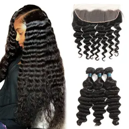 Brasilianska Loose Deep Wave Virgin Hair 3 buntar med stängning Obehandlat mänskligt hår väv med 13x4 spets frontlin