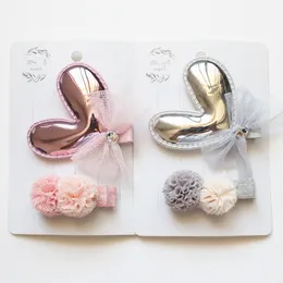 8sets/lot Lovely Hair Shinning-Heart Hairpins Cute Kid Gauze Roll Double Pom Hairpin Hair Clip PU Leather Heart 16pcs for Head