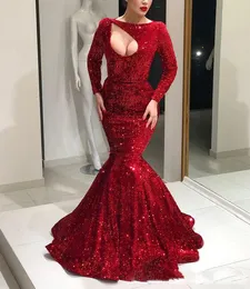 Red Long Designer Sleeve Prom Dresses Sequined Bling Floor Length Formal Mermaid Evening Gowns Custom Made Abiballklei